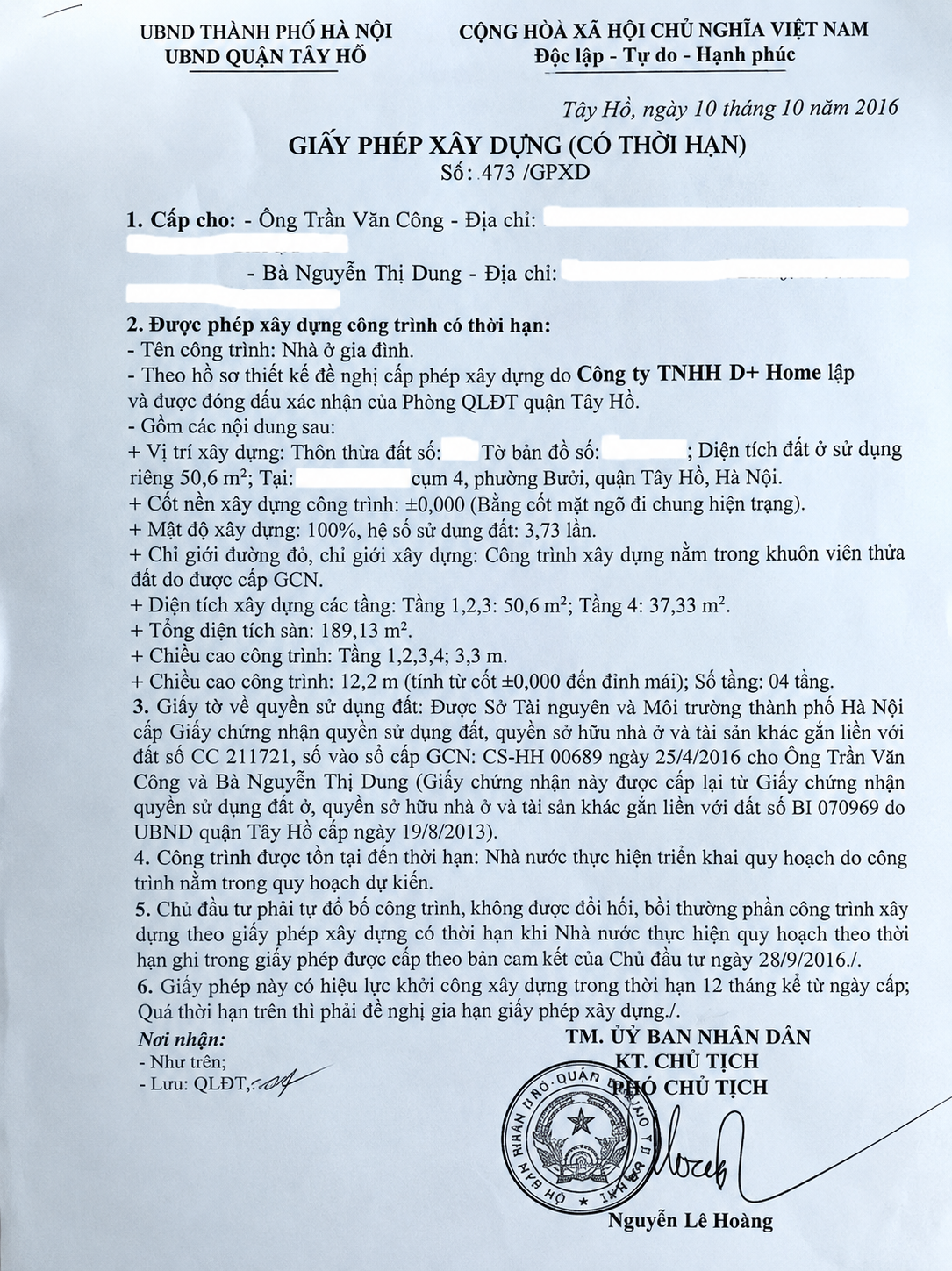 Giấy phép xây dựng Tây Hồ